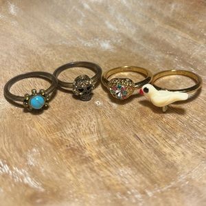 Betsey Johnson Bird, Heart, Skull & Turquoise Flower Ring Set RARE